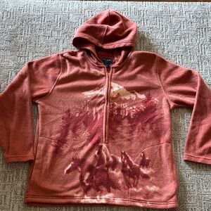 Bit and Bridle Half-Zip Pullover Hoodie. Horse trees mountain. SZ M